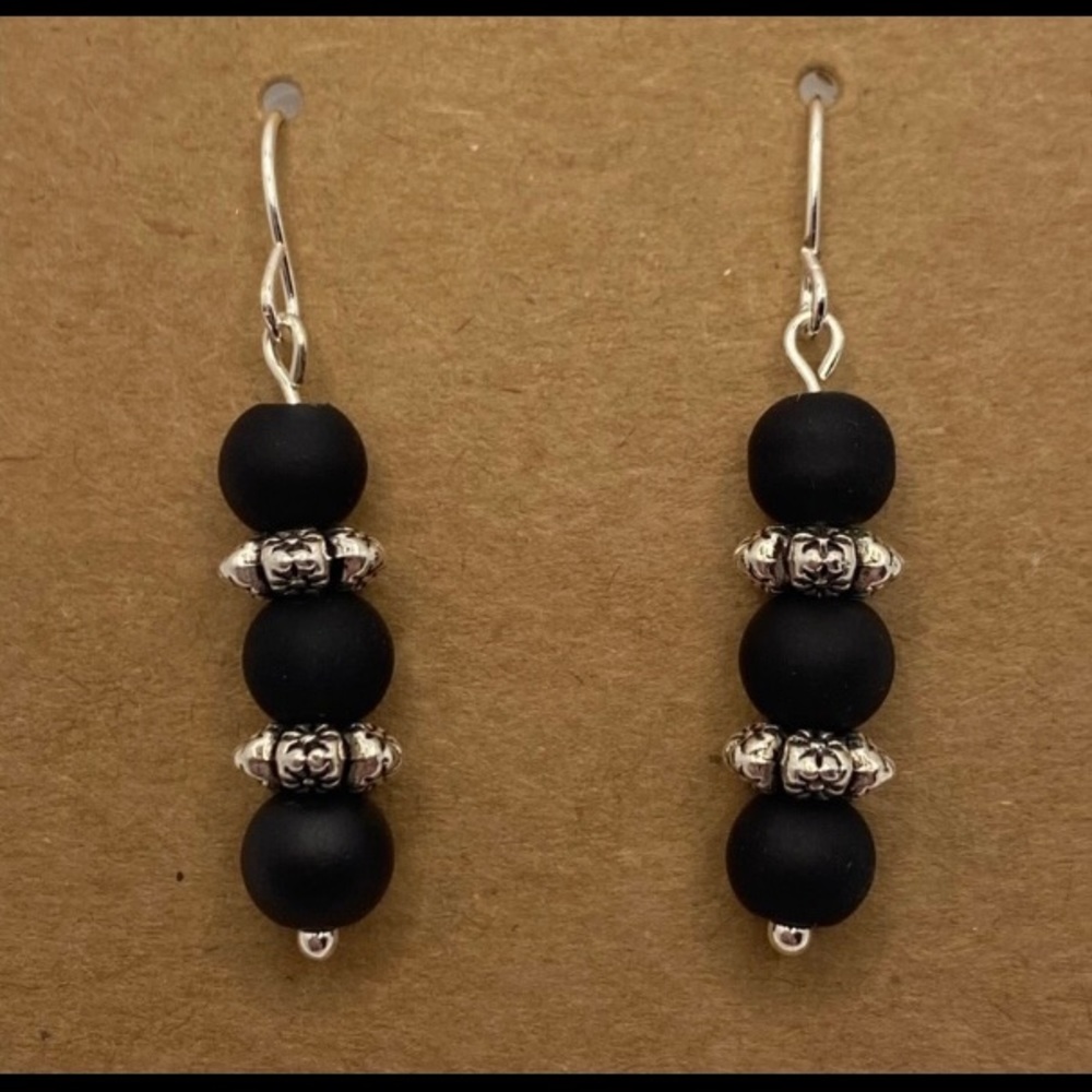 Matte Black with Silver Daisy Accents | Earrings